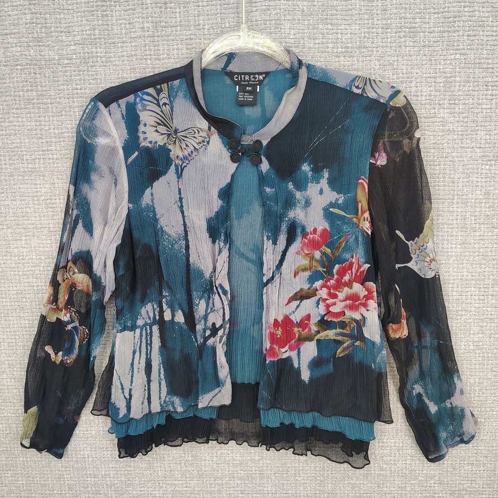 Citron Santa Monica Silk Butterfly Floral Blouse Womens PM Sheer Layered Boho